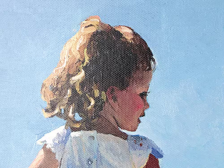 A Sherree Valentine Daines limited edition of three children holding hands walking across a beach, the title Joyful Summers Day