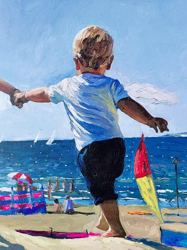 A Sherree Valentine Daines limited edition of three children holding hands walking across a beach, the title Joyful Summers Day
