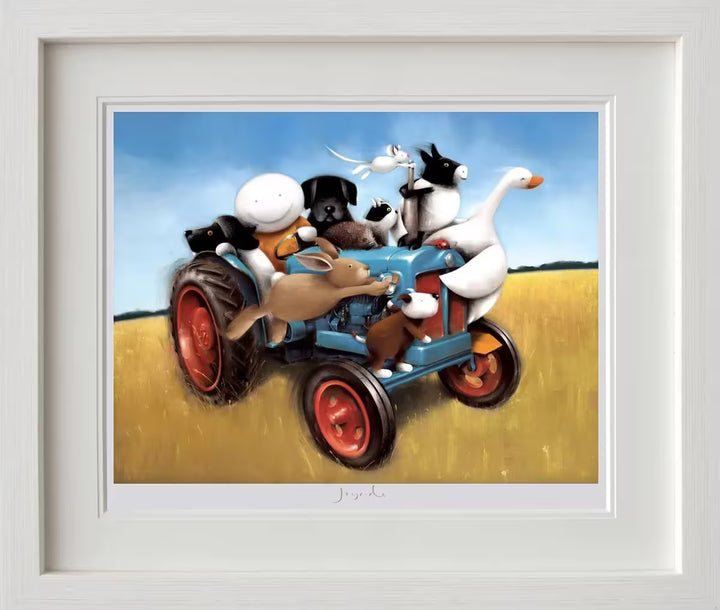 A Doug Hyde framed limited edition print of a person in orange driving a tractor with a hare, goose, hedgehog, sheep, mouse, cat, and a few dogs, the title is Joyride