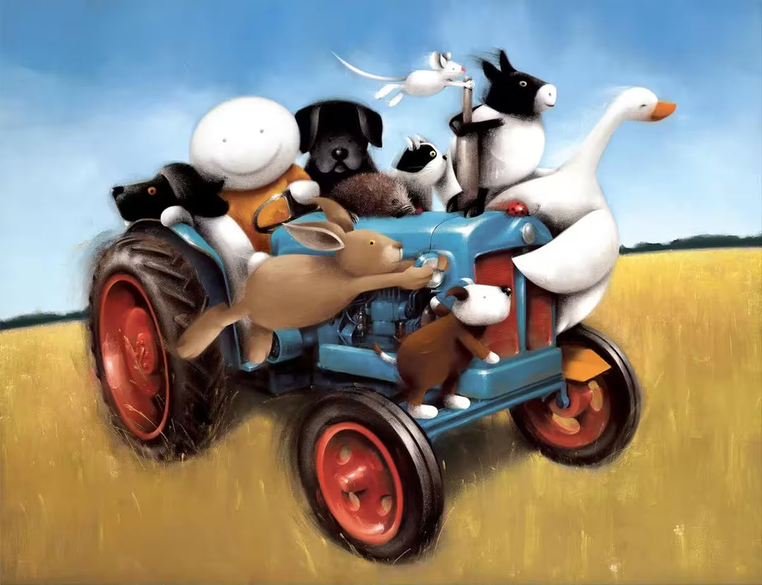 A Doug Hyde limited edition print of a person in orange driving a tractor with a hare, goose, hedgehog, sheep, mouse, cat, and a few dogs, the title is Joyride