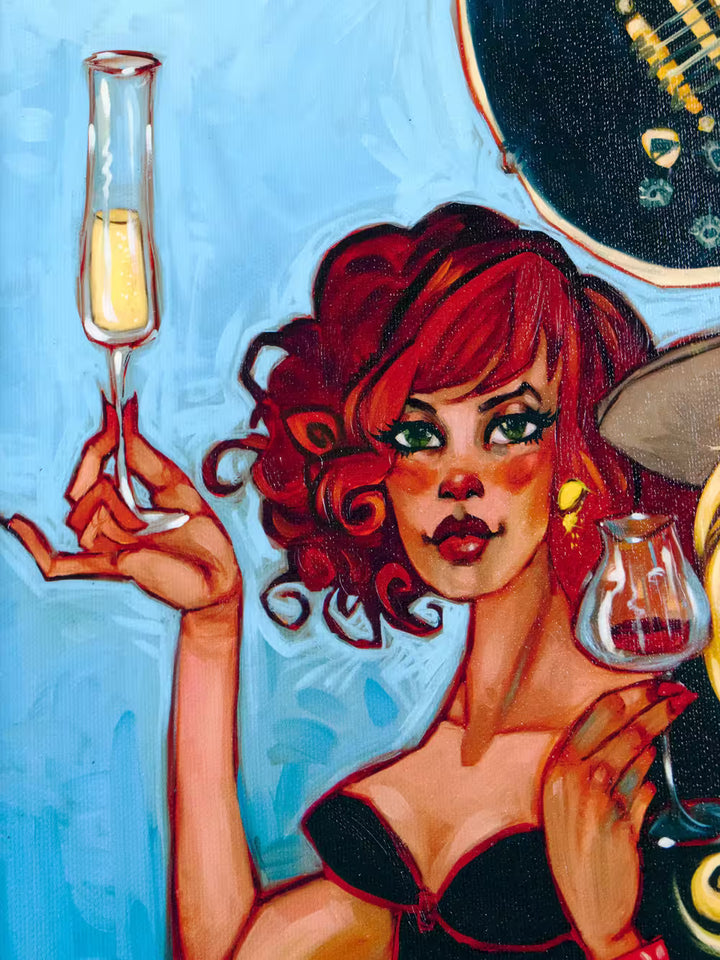 Artistic illustration of a woman with red hair holding a glass against a colorful background