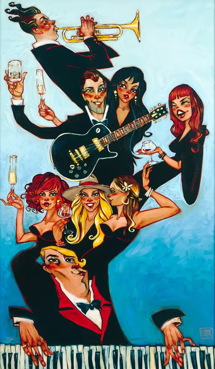 A Todd White limited edition piece of a group of men and women all wearing black, the men are playing instruments and the women are drinking, the title is Keys To The Kingdom