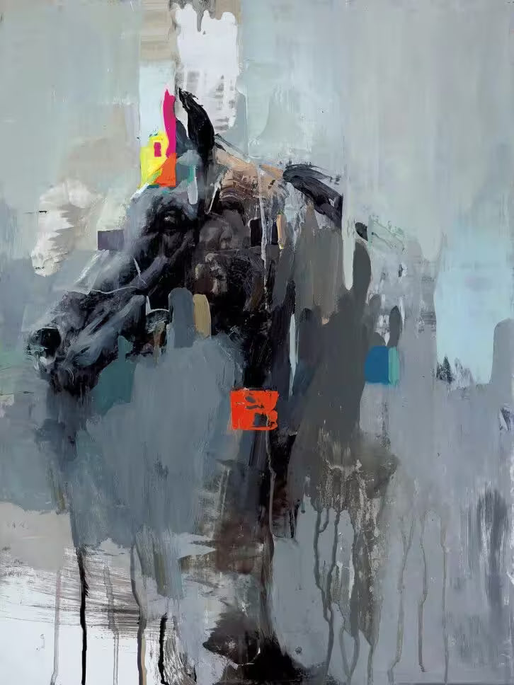 A limited edition piece by Christian Hook of a horses head surrounded by distortions and neon blocks, the title is La Idea De Una Cabeza De Caballo (Deluxe Canvas)