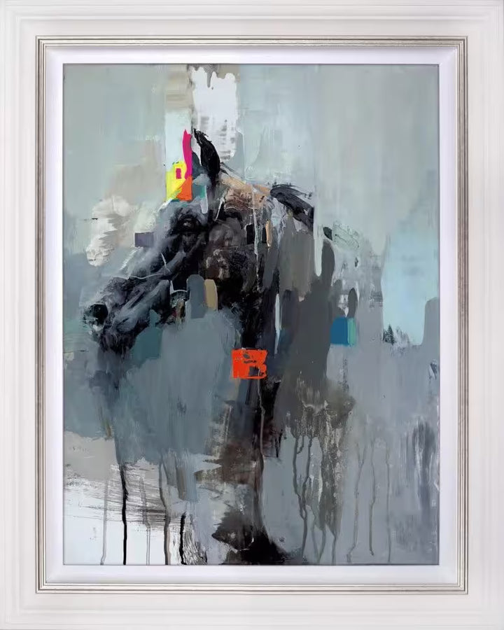 A framed limited edition piece by Christian Hook of a horses head surrounded by distortions and neon blocks, the title is La Idea De Una Cabeza De Caballo (Canvas)