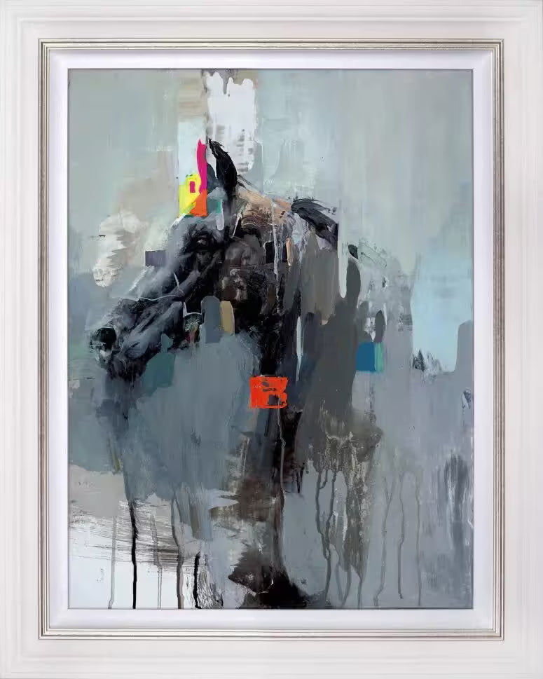 A framed limited edition piece by Christian Hook of a horses head surrounded by distortions and neon blocks, the title is La Idea De Una Cabeza De Caballo (Deluxe Canvas)
