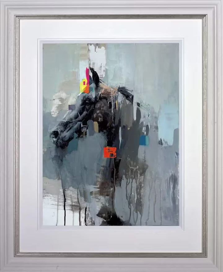 A framed limited edition piece by Christian Hook of a horses head surrounded by distortions and neon blocks, the title is La Idea De Una Cabeza De Caballo (Paper)