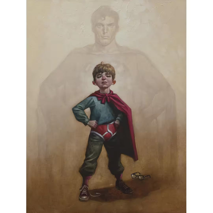 A Craig Davison limited edition of a boy stood with a cape and underwear with a pair of glasses on the floor and superman behind him, the title is Lad of Steel