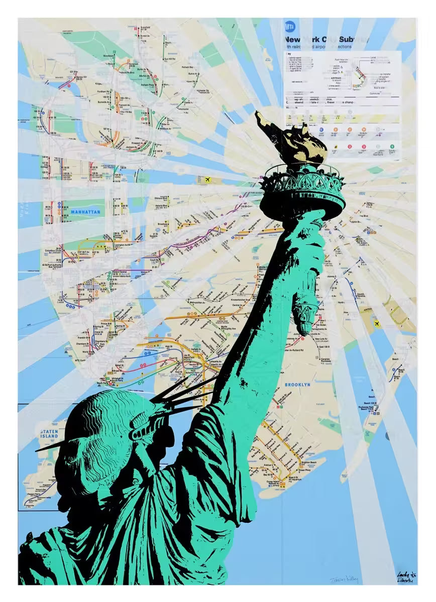 A Jayson Lilley limited edition screen print of a New York Subway map with the Statue of Liberty over the top, the title is Lady Liberty