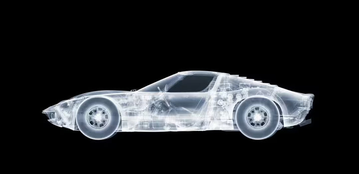 A limited edition Chromaluxe print by Nick Veasey of an X-Rayed vehicle, the title is Lamborghini Miura