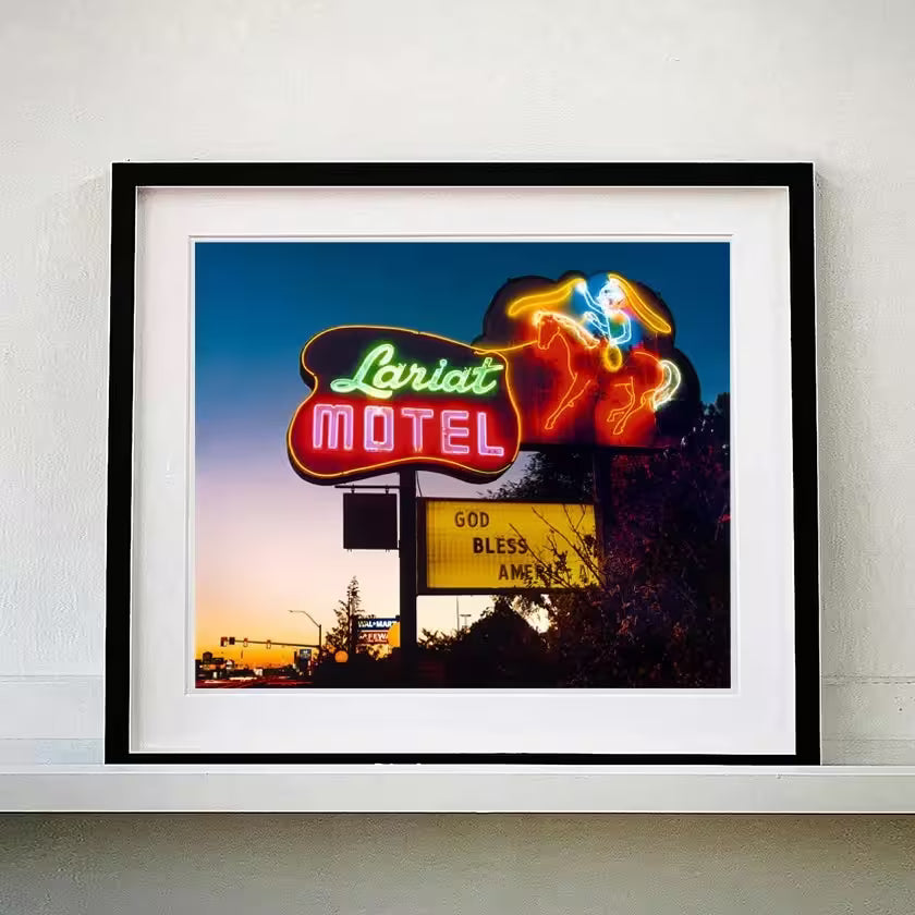 A framed limited edition photograph by Richard Heeps using vibrant colours, the title is Lariat Motel, Fallon, Nevada, 2003