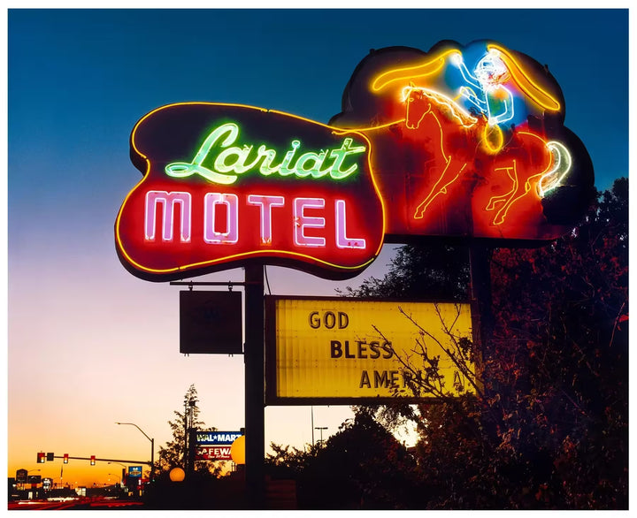 A limited edition photograph by Richard Heeps using vibrant colours, the title is Lariat Motel, Fallon, Nevada, 2003
