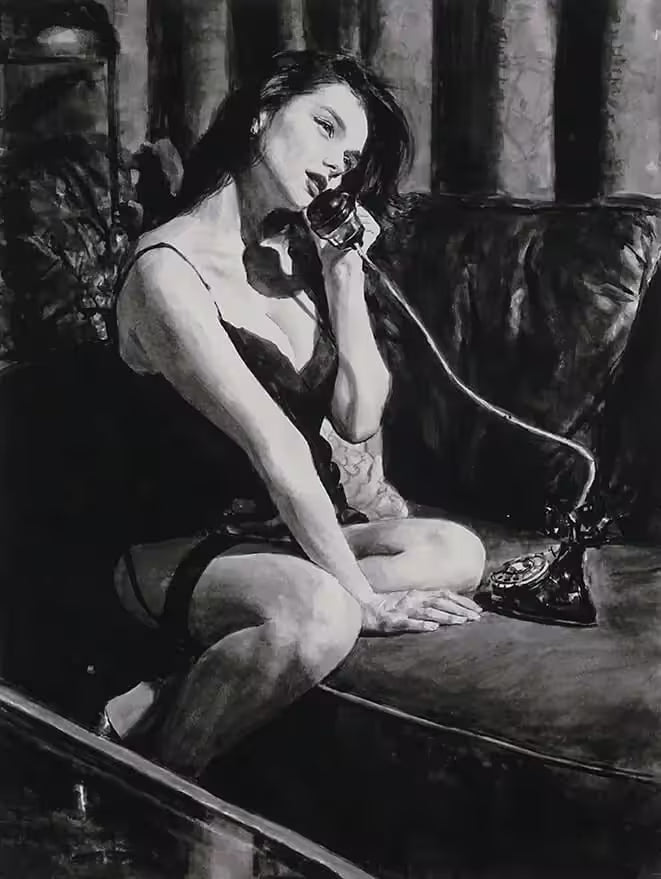 A Fabian Perez black and white limited edition of a girl sat on a sofa with a telephone, the title is Late Night Call