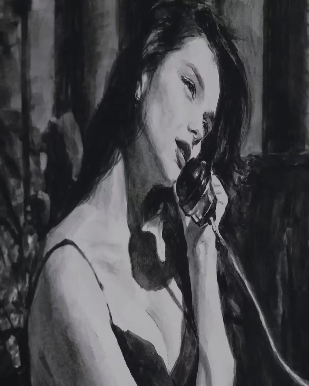 A Fabian Perez black and white limited edition of a girl sat on a sofa with a telephone, the title is Late Night Call