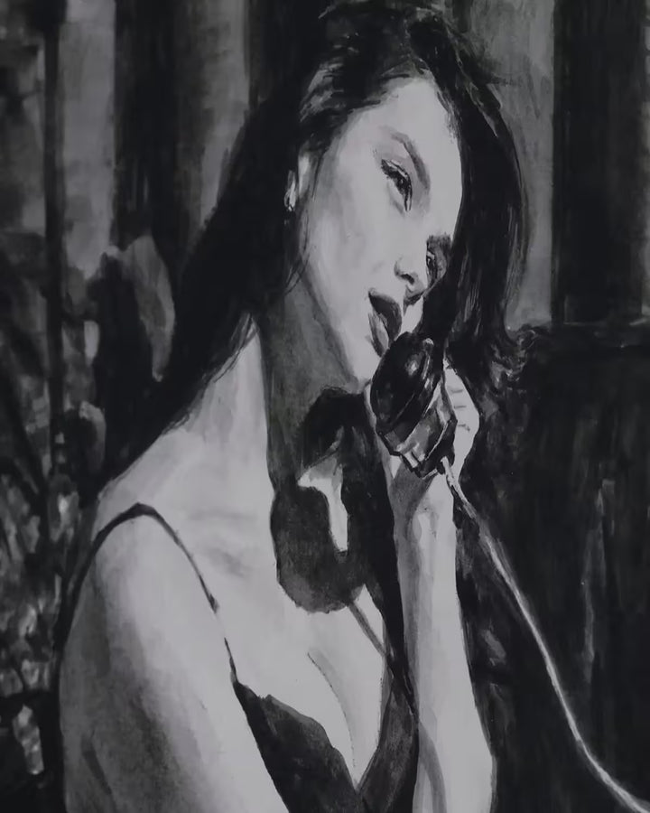 A Fabian Perez black and white limited edition of a girl sat on a sofa with a telephone, the title is Late Night Call