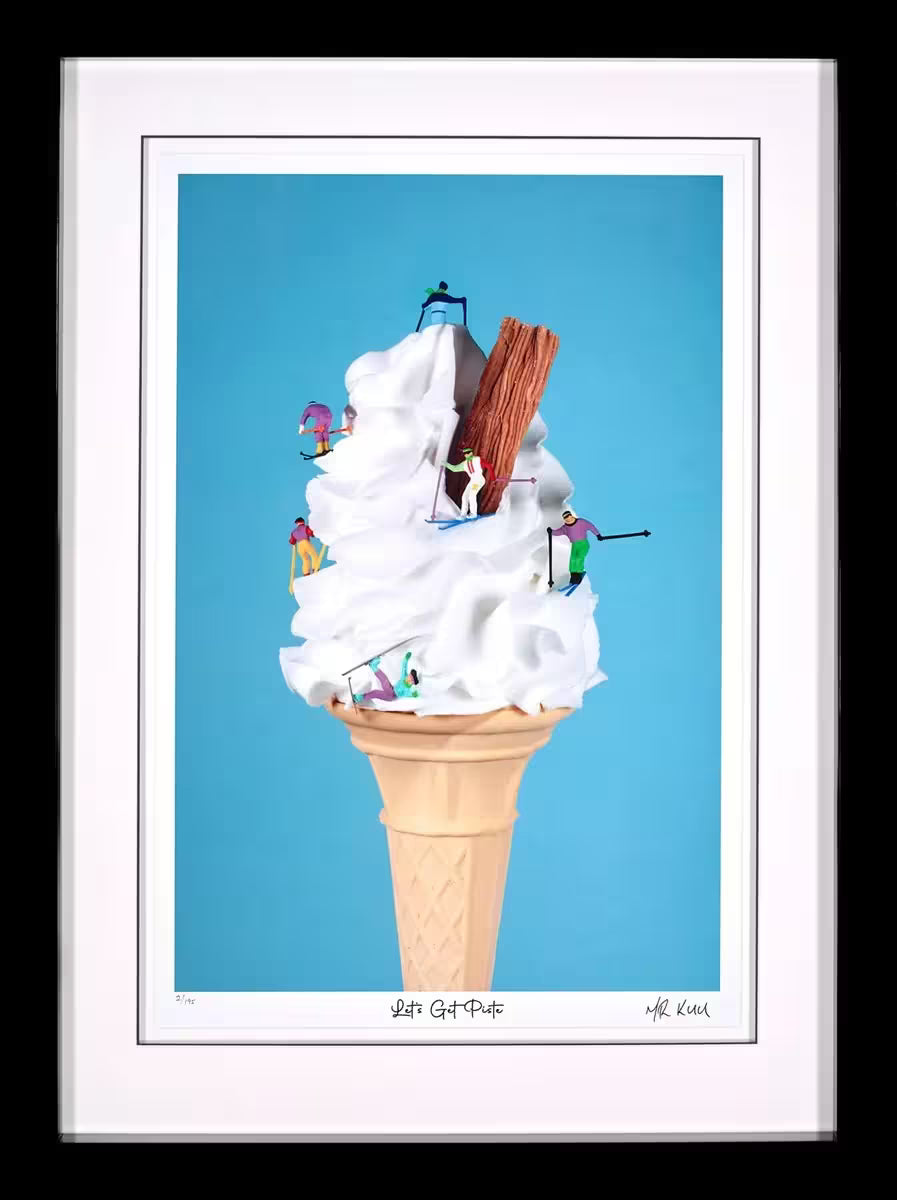 A Mr Kuu limited edition piece of a ice cream cone with people skiing down it, the title is Let&