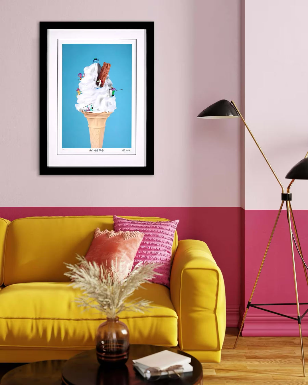 A Mr Kuu limited edition piece of a ice cream cone with people skiing down it, the title is Let&