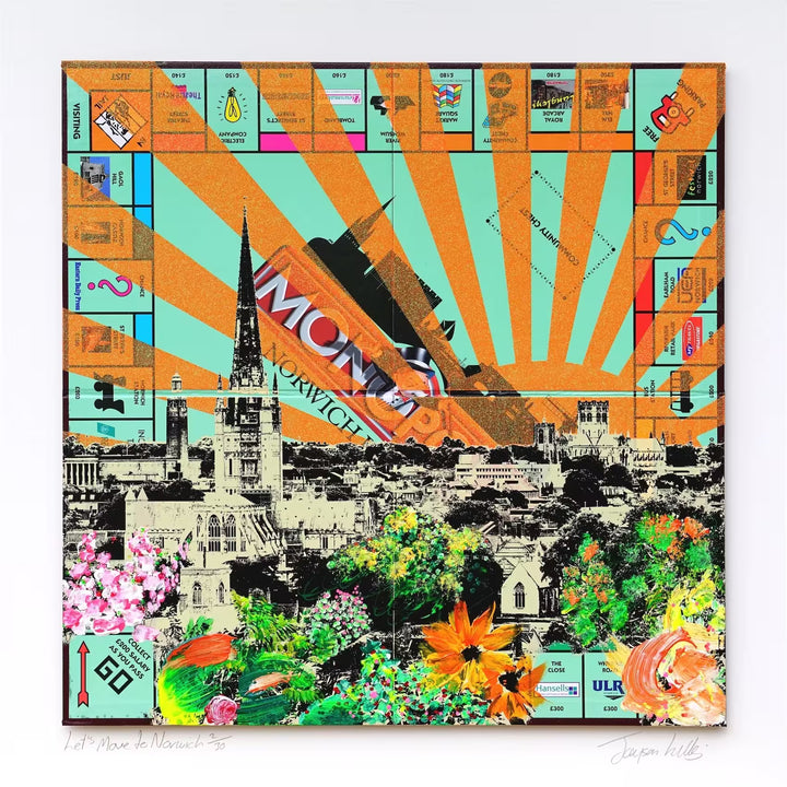 A Jayson Lilley limited edition screen print of the Norwich Monopoly board with Norwich screen printed over the top, the title is Let&