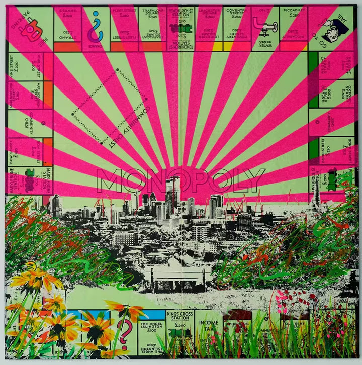 A Jayson Lilley limited edition screen print of a monopoly board with a view of London screen printed over the top, the title is Let&