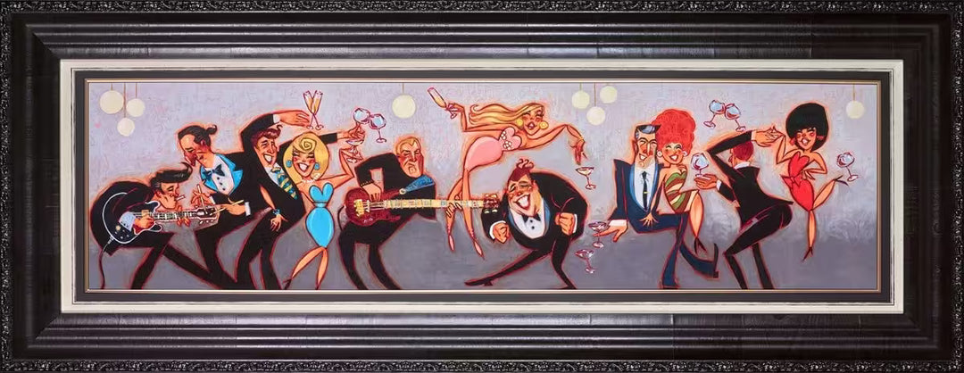 A Todd White framed limited edition piece of men playing instruments and women in colourful dresses all partying, the title is Levitate