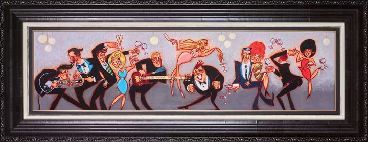 A Todd White framed limited edition piece of men playing instruments and women in colourful dresses all partying, the title is Levitate