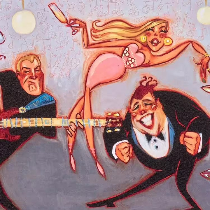 A Todd White limited edition piece of men playing instruments and women in colourful dresses all partying, the title is Levitate