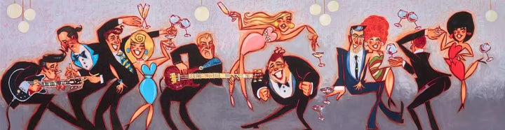 A Todd White limited edition piece of men playing instruments and women in colourful dresses all partying, the title is Levitate