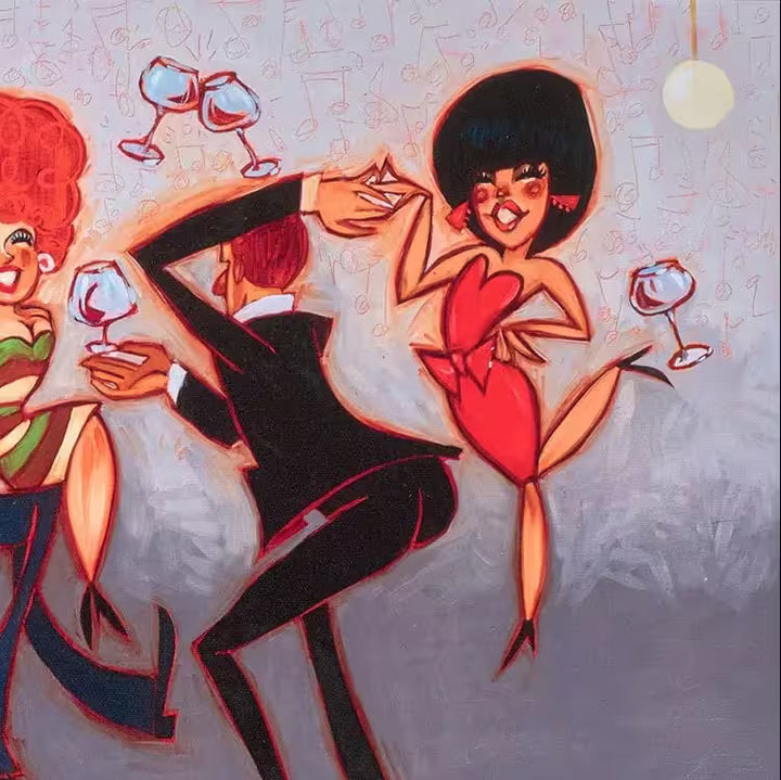 A Todd White limited edition piece of men playing instruments and women in colourful dresses all partying, the title is Levitate