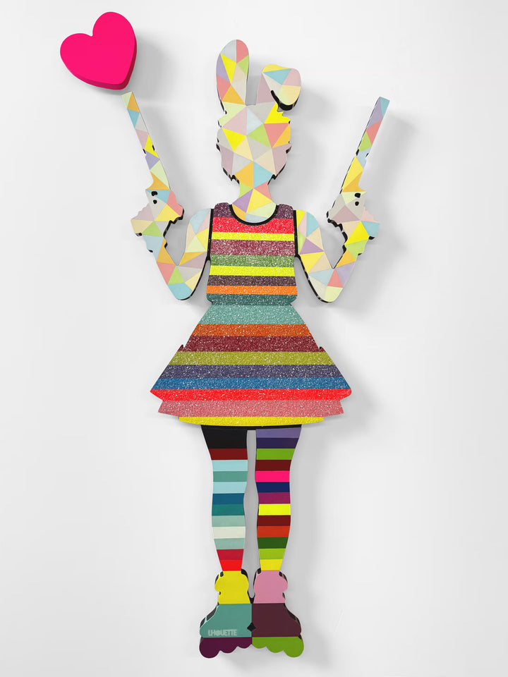 A Lhouette original sculpture, the title is Rabbit Run- Striped/ Geo Confetti- Medium Wall Sculpture