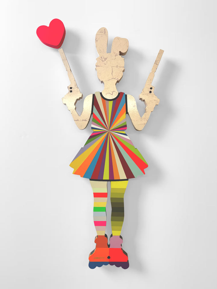 A Lhouette original mixed media sculpture, the title is Rabbit Run/ Radial- Mini Wall Sculpture