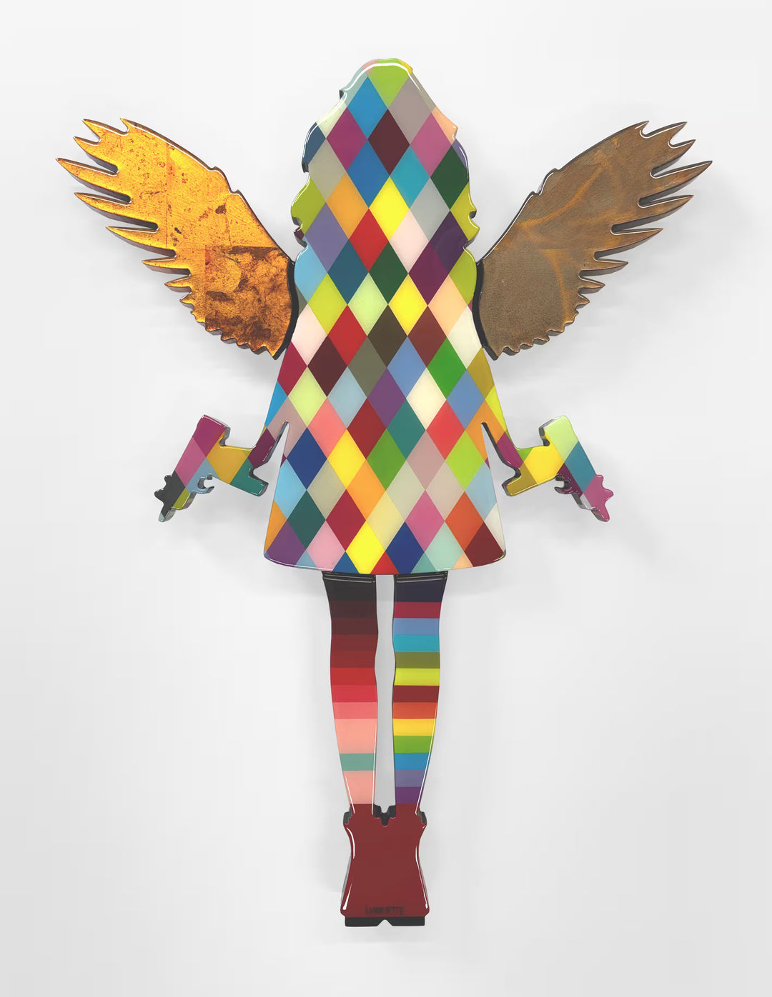A Lhouette original mixed media piece, the title is Angel Cake- Harlequin Mini Wall Sculpture