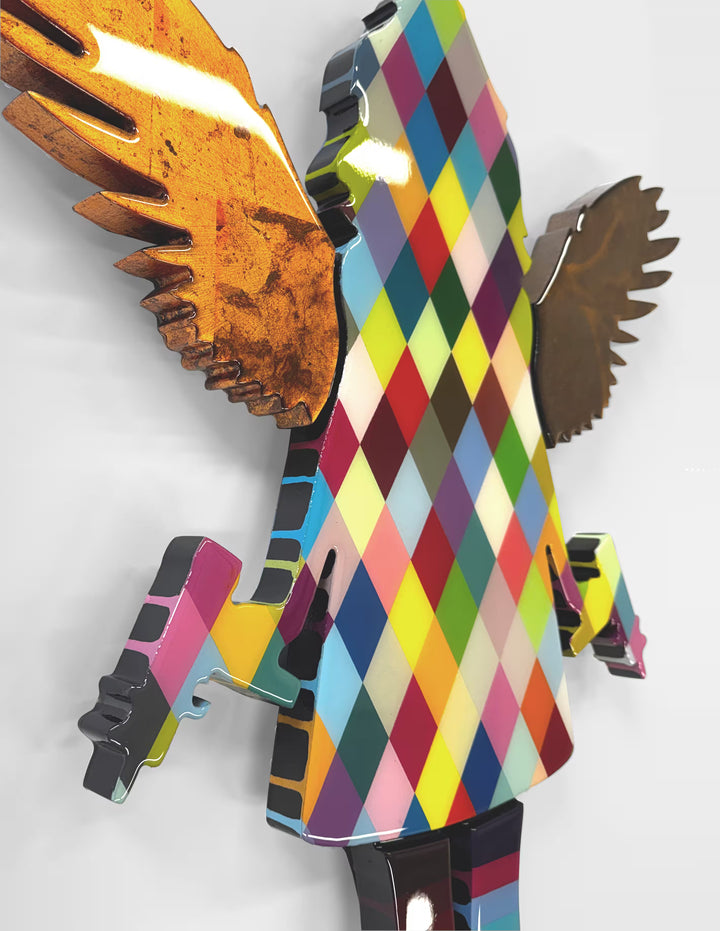 A Lhouette original mixed media piece, the title is Angel Cake- Harlequin Mini Wall Sculpture