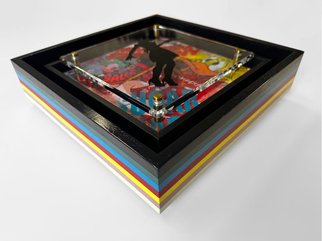 A Lhouette original mixed media piece the title is Micro Mixer- Little Miss Sunshine/ Black