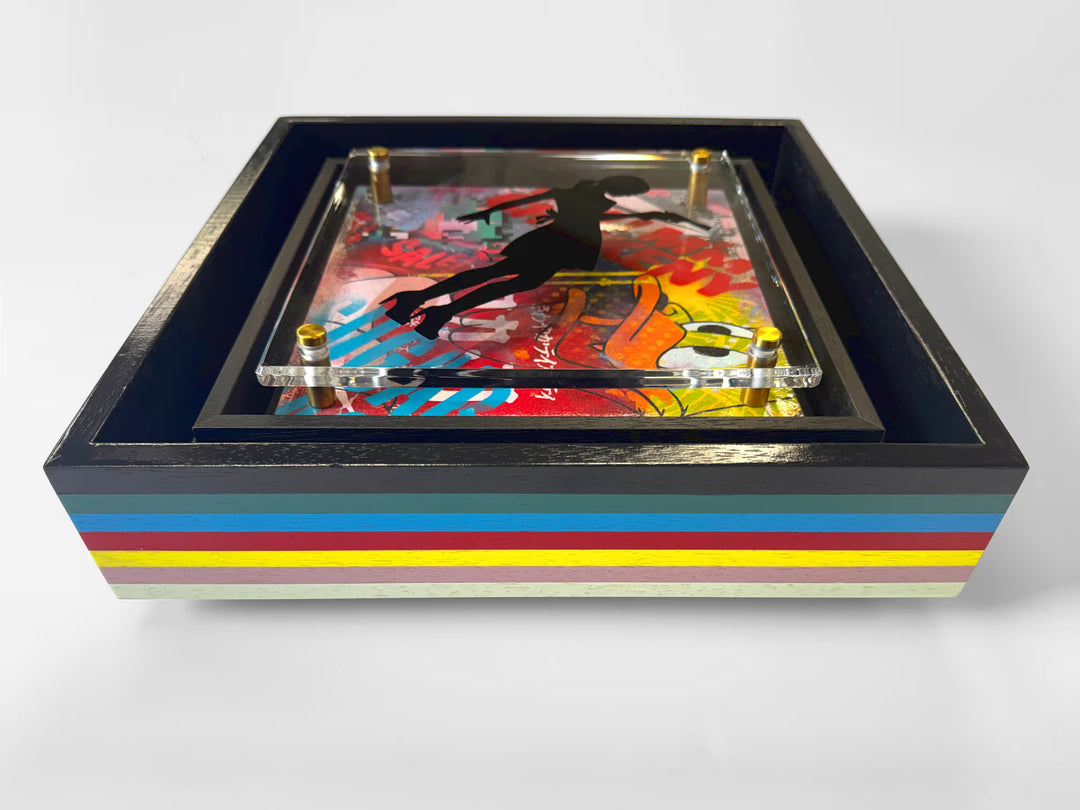 A Lhouette original mixed media piece the title is Micro Mixer- Little Miss Sunshine/ Black