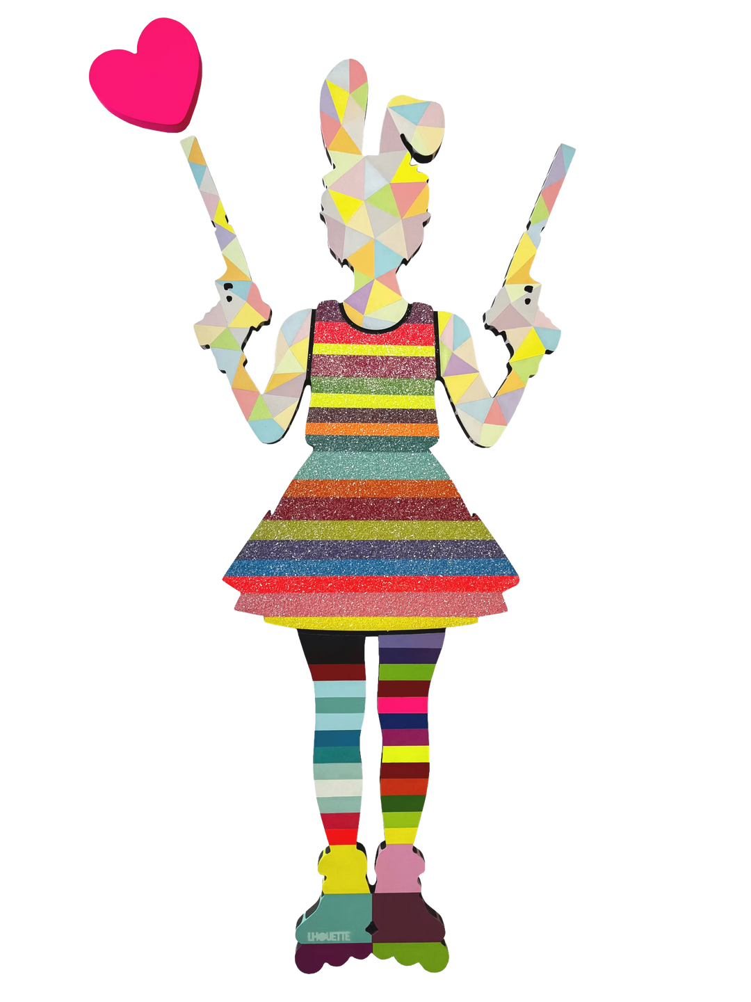 A Lhouette original sculpture, the title is Rabbit Run- Striped/ Geo Confetti- Medium Wall Sculpture