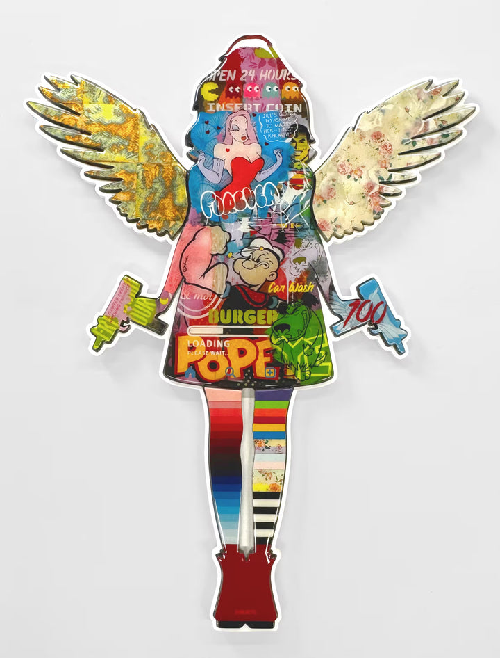A Lhouette original framed mixed media piece, the title is Angel Cake- Large Painted Collage (Popeye) Wall Sculpture- Framed