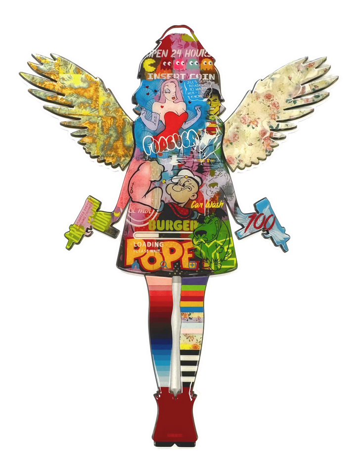 A Lhouette original framed mixed media piece, the title is Angel Cake- Large Painted Collage (Popeye) Wall Sculpture- Framed