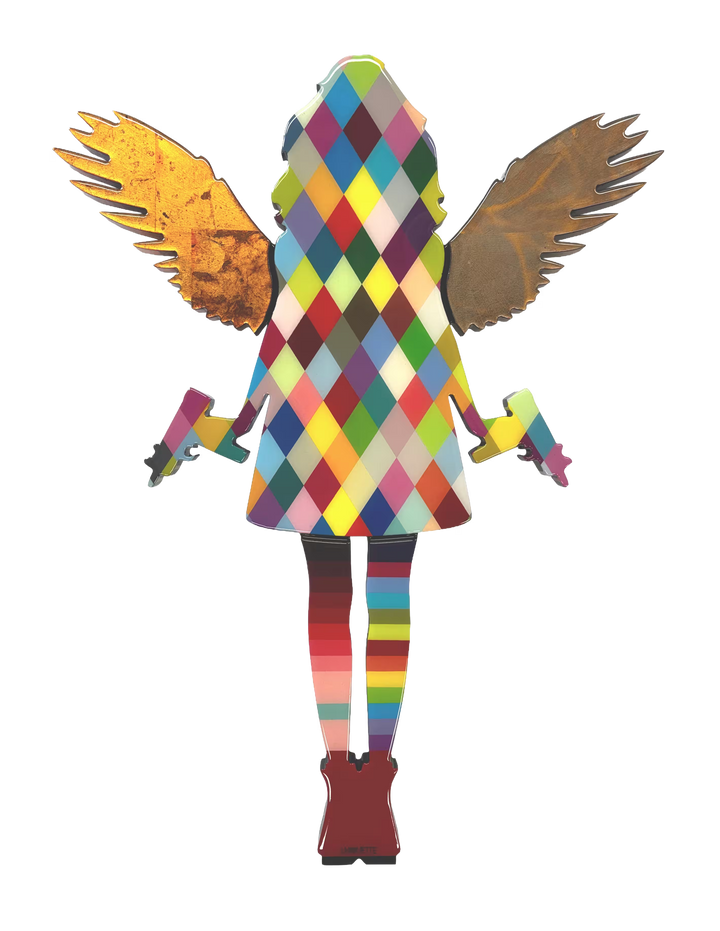 A Lhouette original mixed media piece, the title is Angel Cake- Harlequin Mini Wall Sculpture