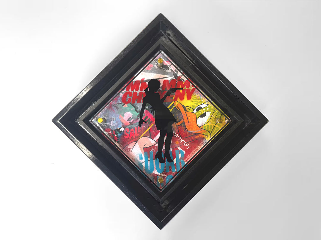 A Lhouette original mixed media piece the title is Micro Mixer- Little Miss Sunshine/ Black