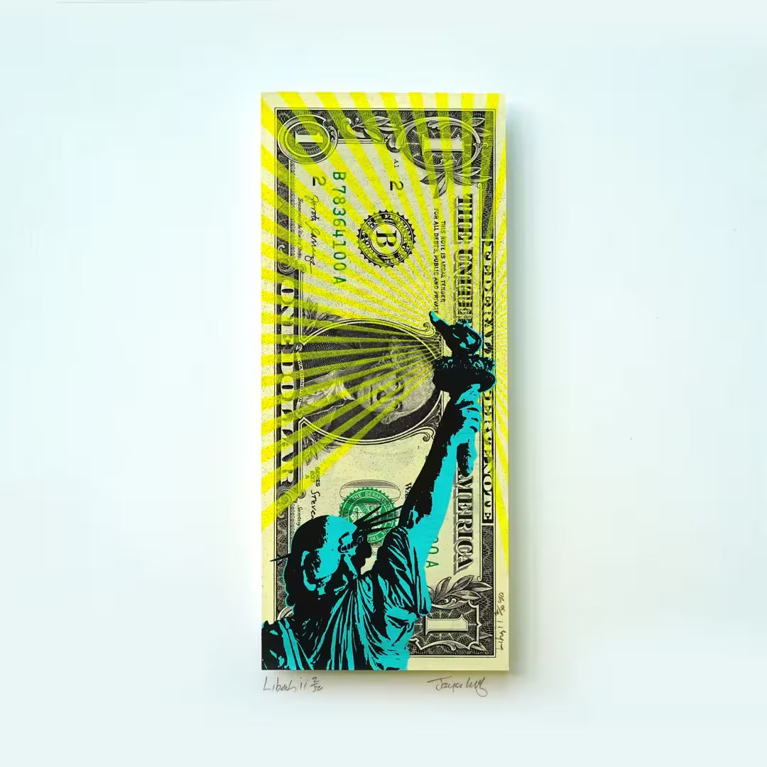 Jayson Lilley limited edition screen print of a Dollar bill with the statue of Liberty screen printed on top, the title is Liberty II