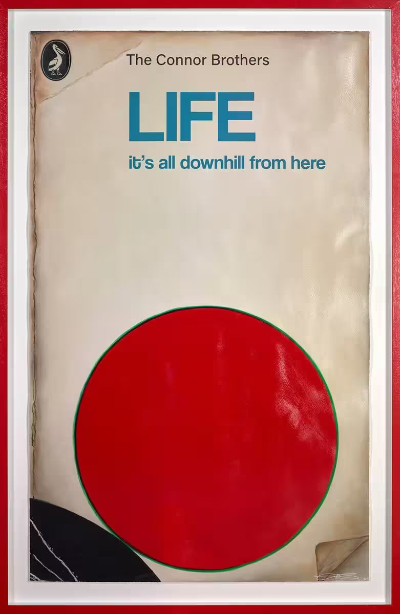 A framed limited edition by The Connor Brothers of a Pelican book with a witty caption, the title is Life: It&