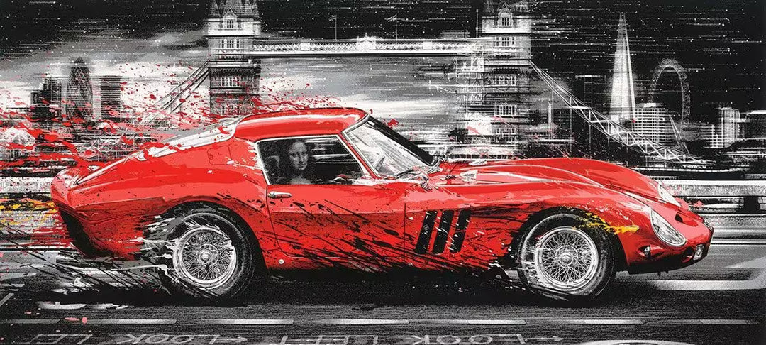 A Mr Brainwash limited edition of a red sports car racing through London with the Mona Lisa driving the car, the title is Life In The Fast Lane
