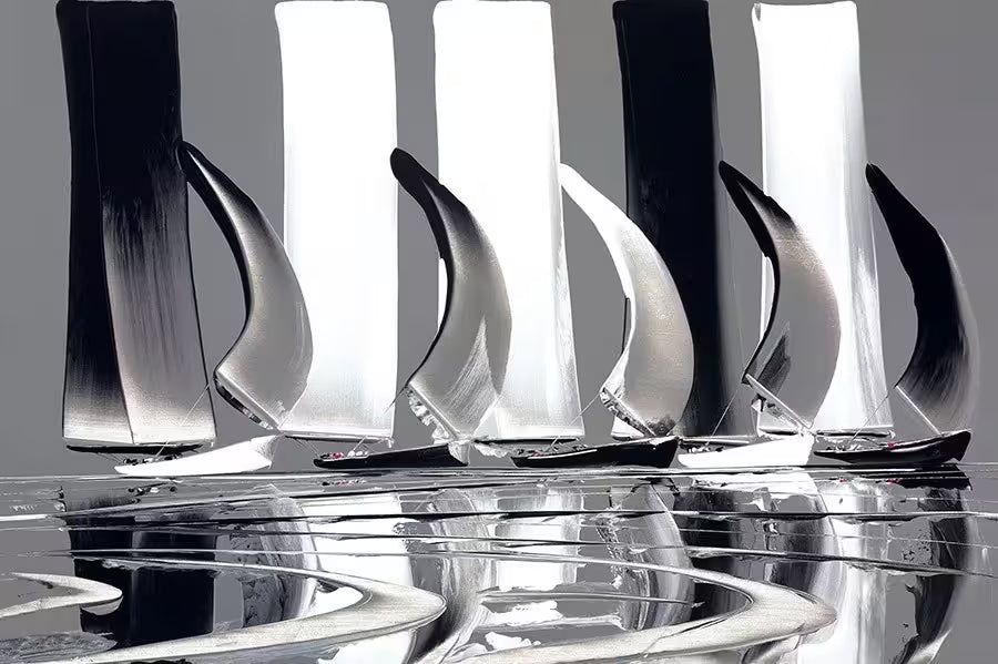 A Duncan MacGregor limited edition of black and white sailing boats, the title is Life's a Breeze