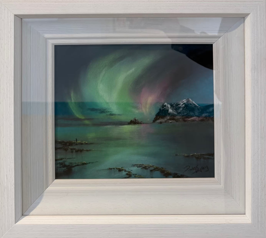 A framed Philip Gray original of the Northern Lights, the title is Lights on The Horizon IV