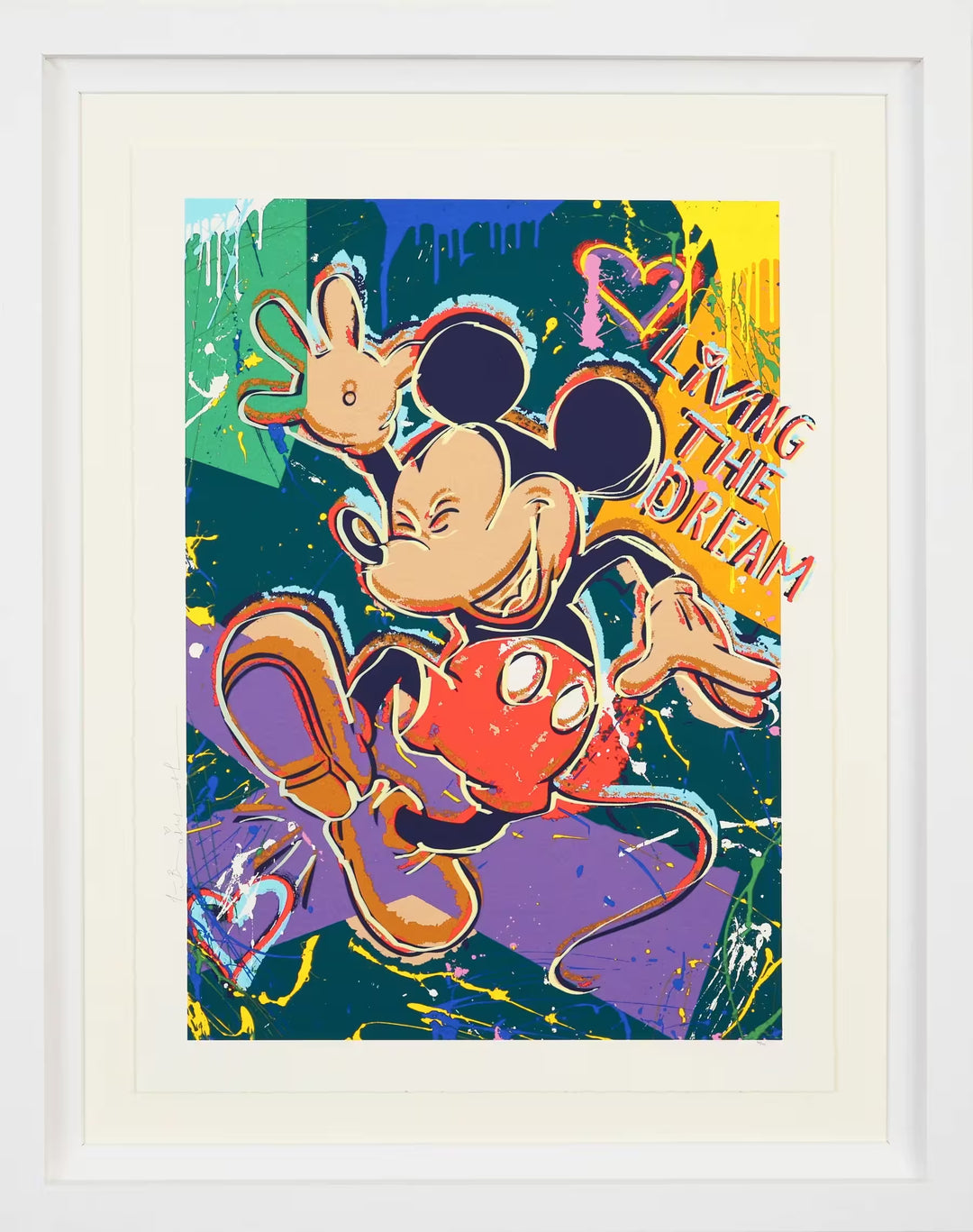 A Mr Brainwash framed limited edition of Mickey Mouse jumping in the air with a colourful background and paint splattered all over him, the title is Living The Dream