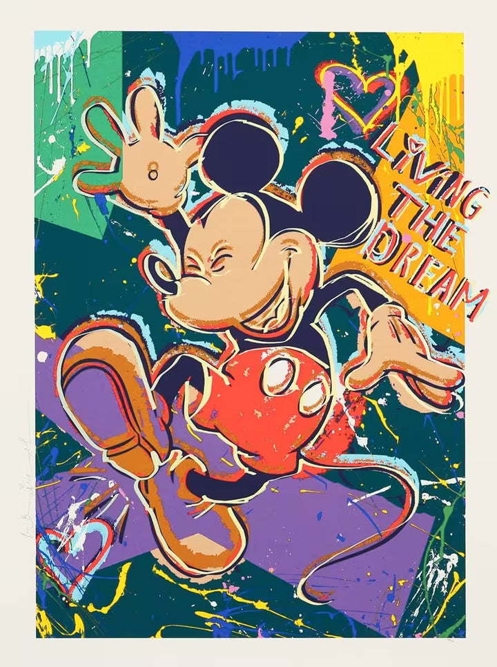 A Mr Brainwash limited edition of Mickey Mouse jumping in the air with a colourful background and paint splattered all over him, the title is Living The Dream
