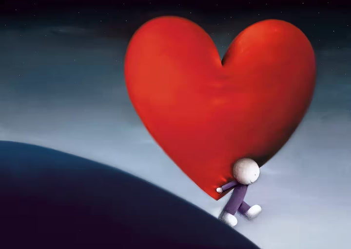 A Doug Hyde limited edition of a person in purple walking downhill carrying a giant red heart on their back, the title is Loads of Love