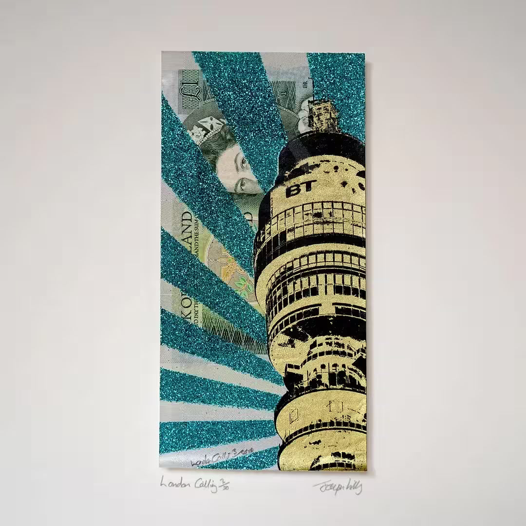 A Jayson Lilley limited edition screen print of a one pound note with the BT tower screen printed over the top, the title is London Calling