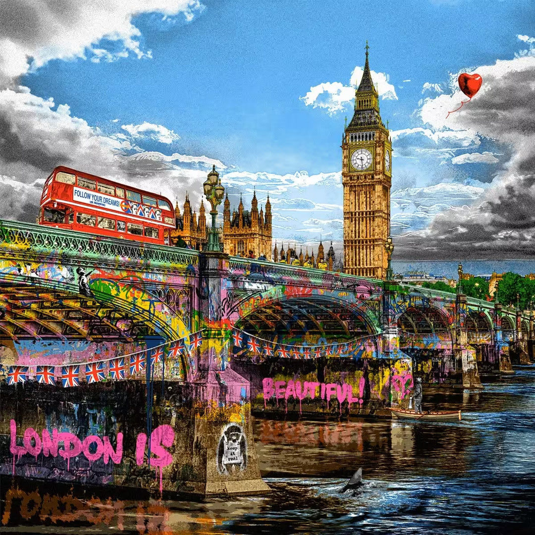 A Mr Brainwash limited edition of the houses of parliament viewed from underneath a spray painted bridge with a red double decker bus going over the bridge, the title is London Is Beautiful