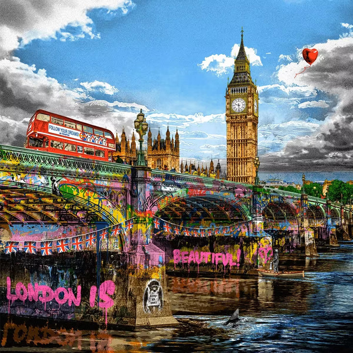 A Mr Brainwash limited edition of the houses of parliament viewed from underneath a spray painted bridge with a red double decker bus going over the bridge, the title is London Is Beautiful
