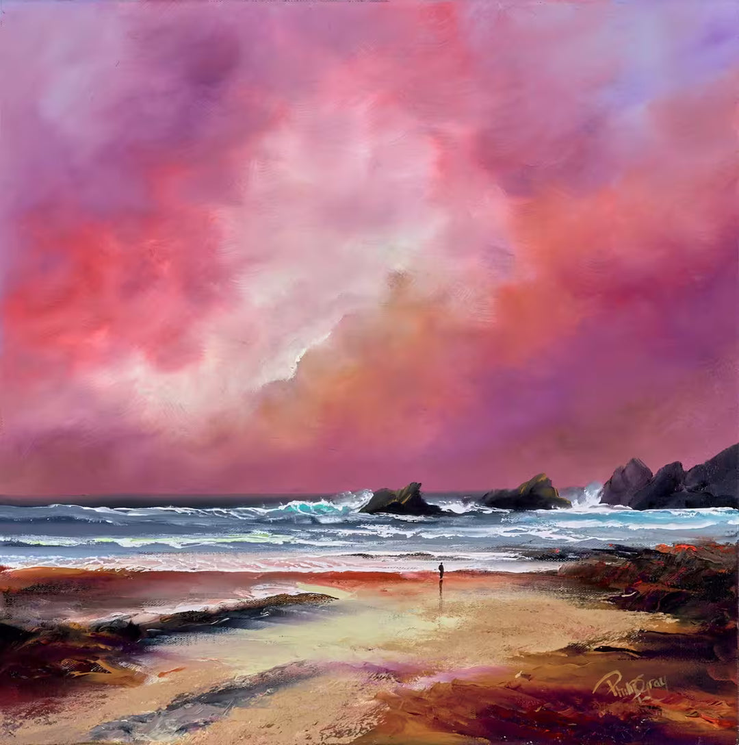 A Philip Gray original of a bright pink sky over a warm sea, the title is Lonely Walk